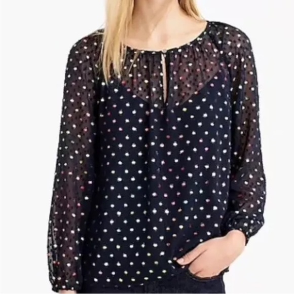 J. Crew Chiffon Sheer Popover Peasant Blouse Rainbow Dot Navy Blue Multi Medium - Picture 1 of 15
